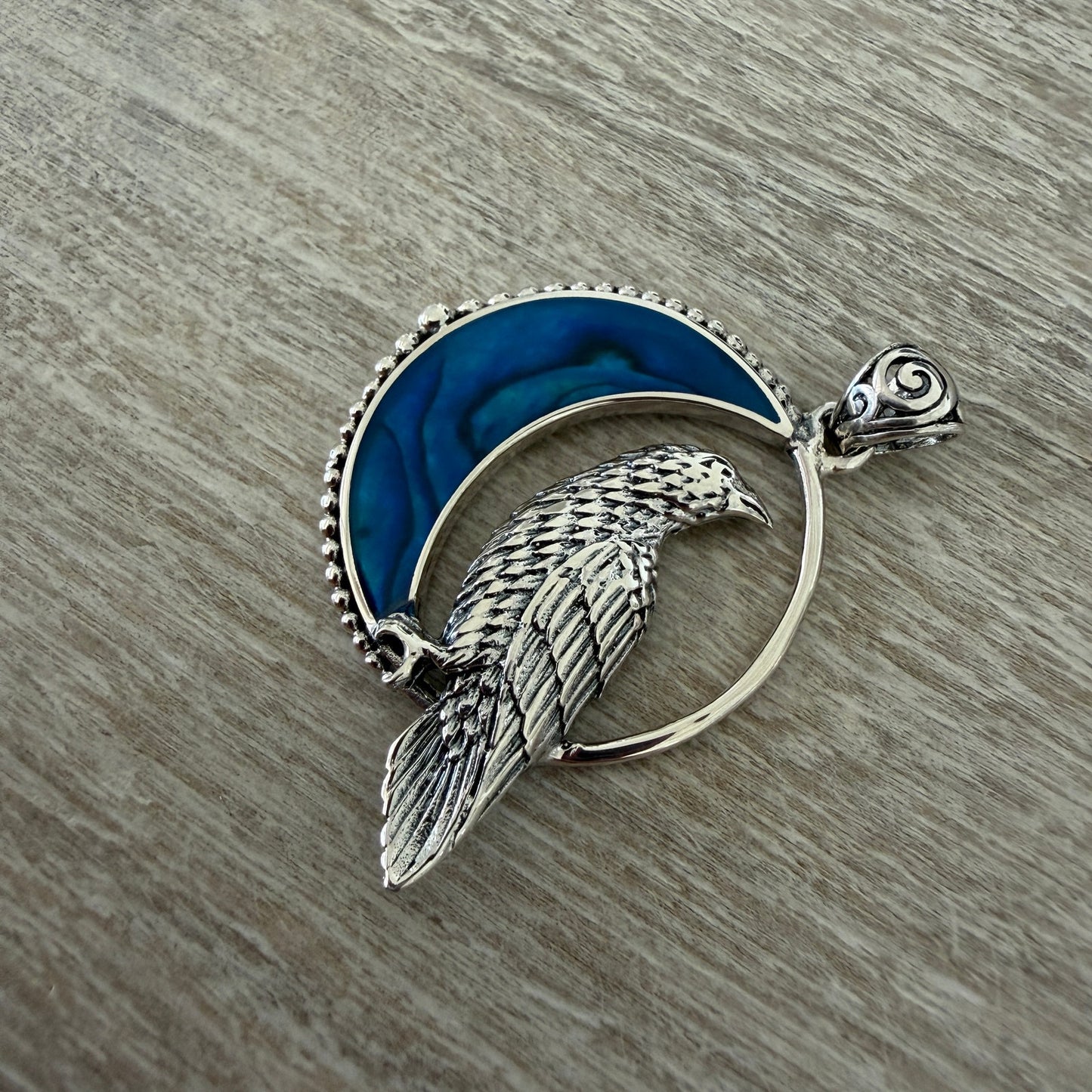 Raven in Crescent Moon Pendant 925 Sterling Silver Blue Shell Inlay