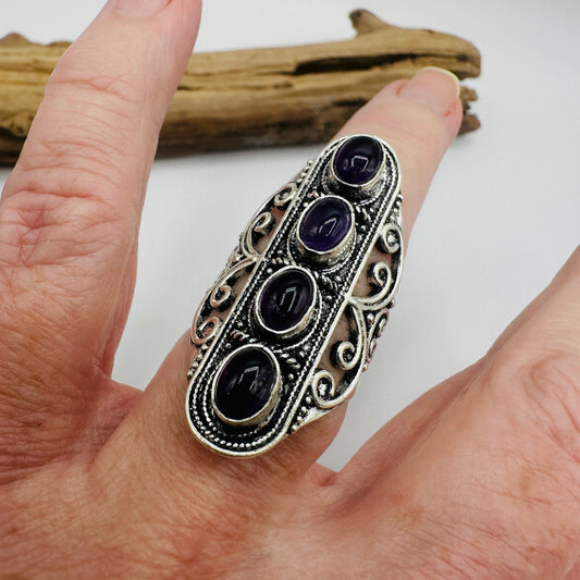 Vintage Black Onyx Sterling Silver Ring – Size 8, Four-Stone Ornate Design, Gemstone Ring