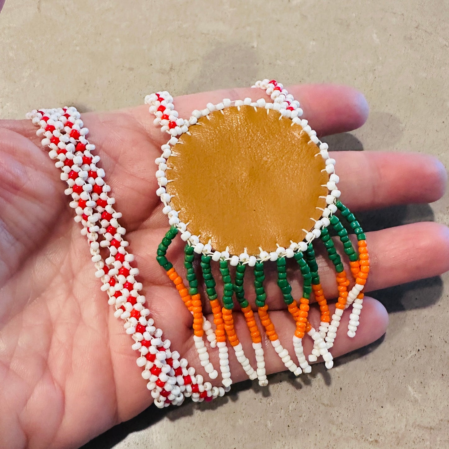 Hand-Beaded Authentic Native American Red Star Medallion Leather Necklace