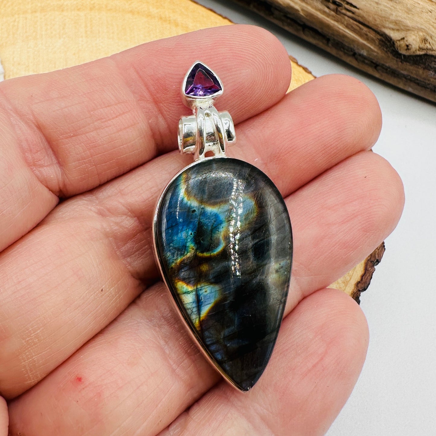 Purple Labradorite & Amethyst Pendant – Madagascar Gemstone, 925 Sterling Silver