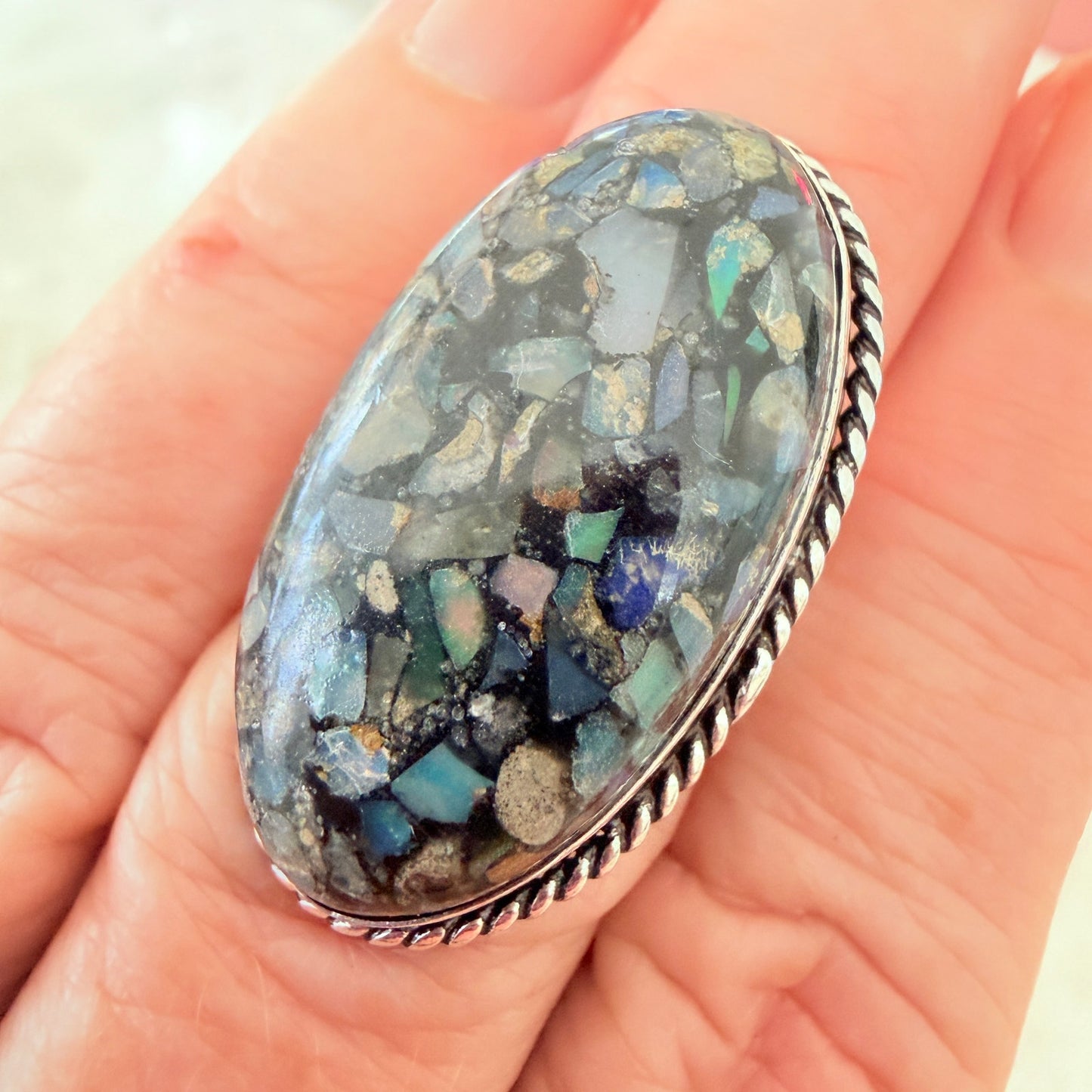 Ethiopian Opal Chip Inlay 925 Silver Plated Ring