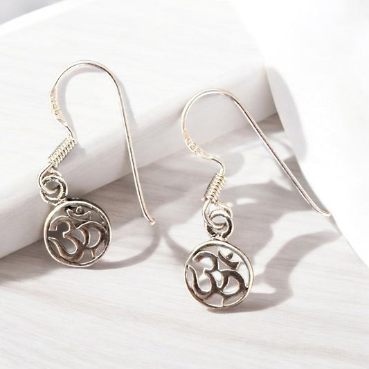 Sterling Silver Om Drop Earrings, Om Dangle Earrings