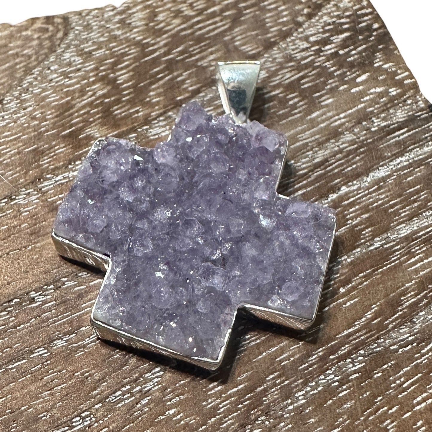 925 Sterling Silver Amethyst Druzy Cross Pendant