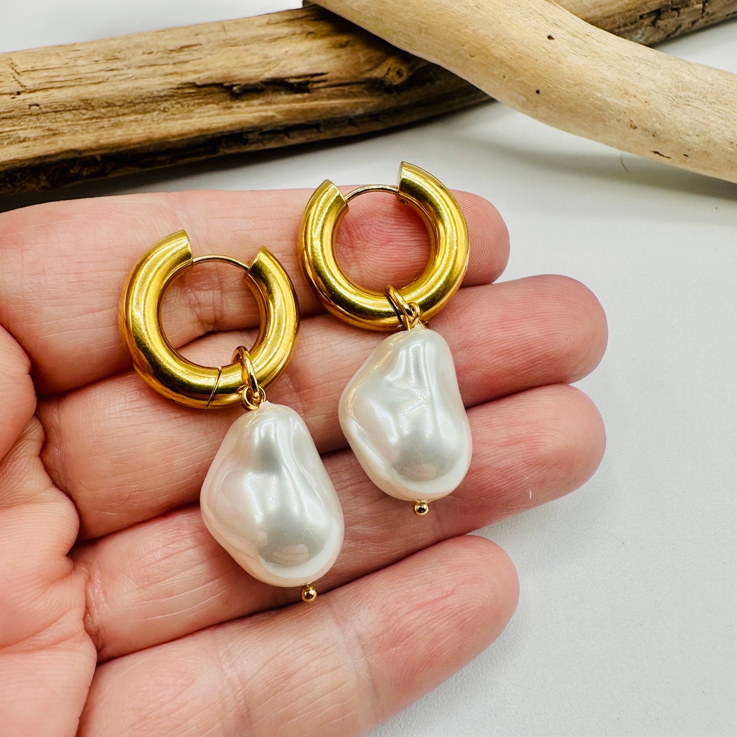 Baroque Pearl Gold Hoop Huggie Earrings 18K Stainless Steel