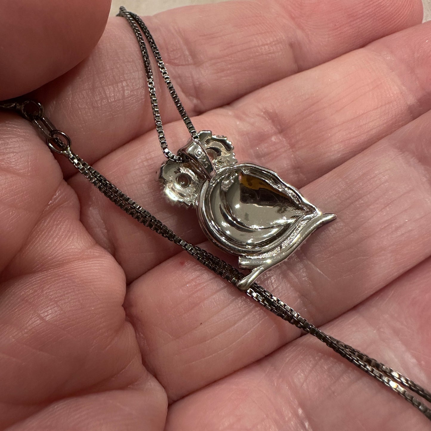 Sterling Silver Hand-Painted Modish Owl with Clear CZ Pendant Necklace