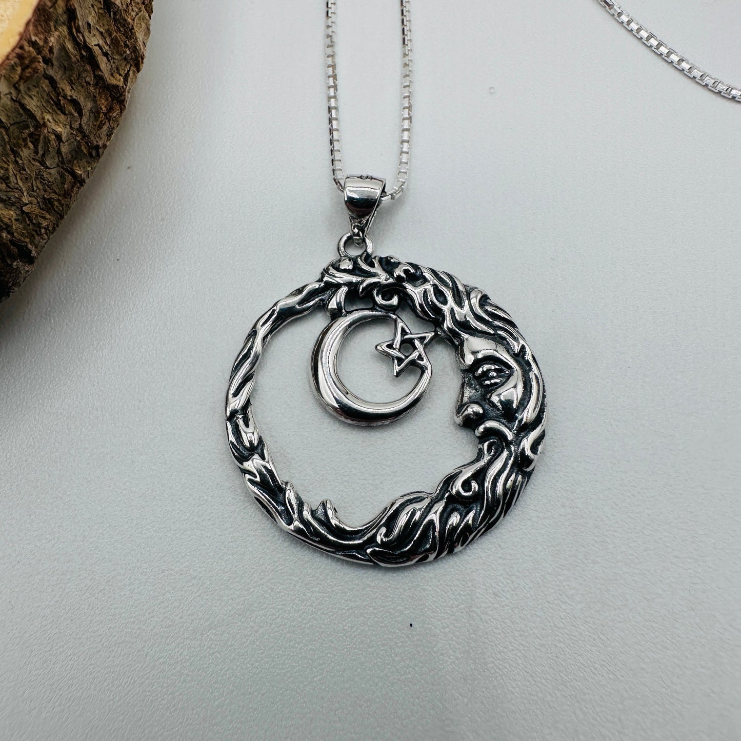 Sterling Silver Moon Goddess Necklace-Crescent Moon & Star Pendant