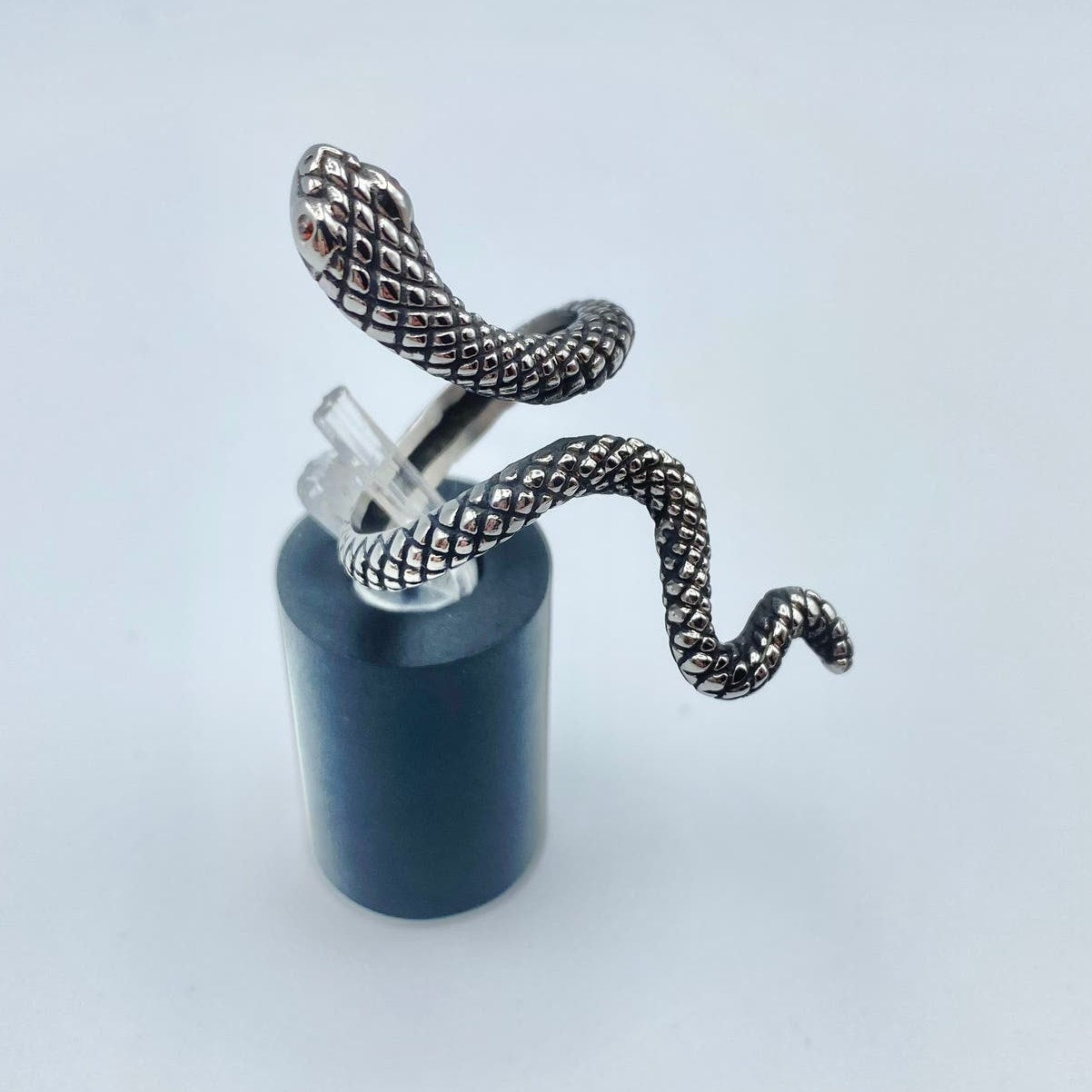 Stainless Steel Slithering Snake Ring- Red CZ Eyes