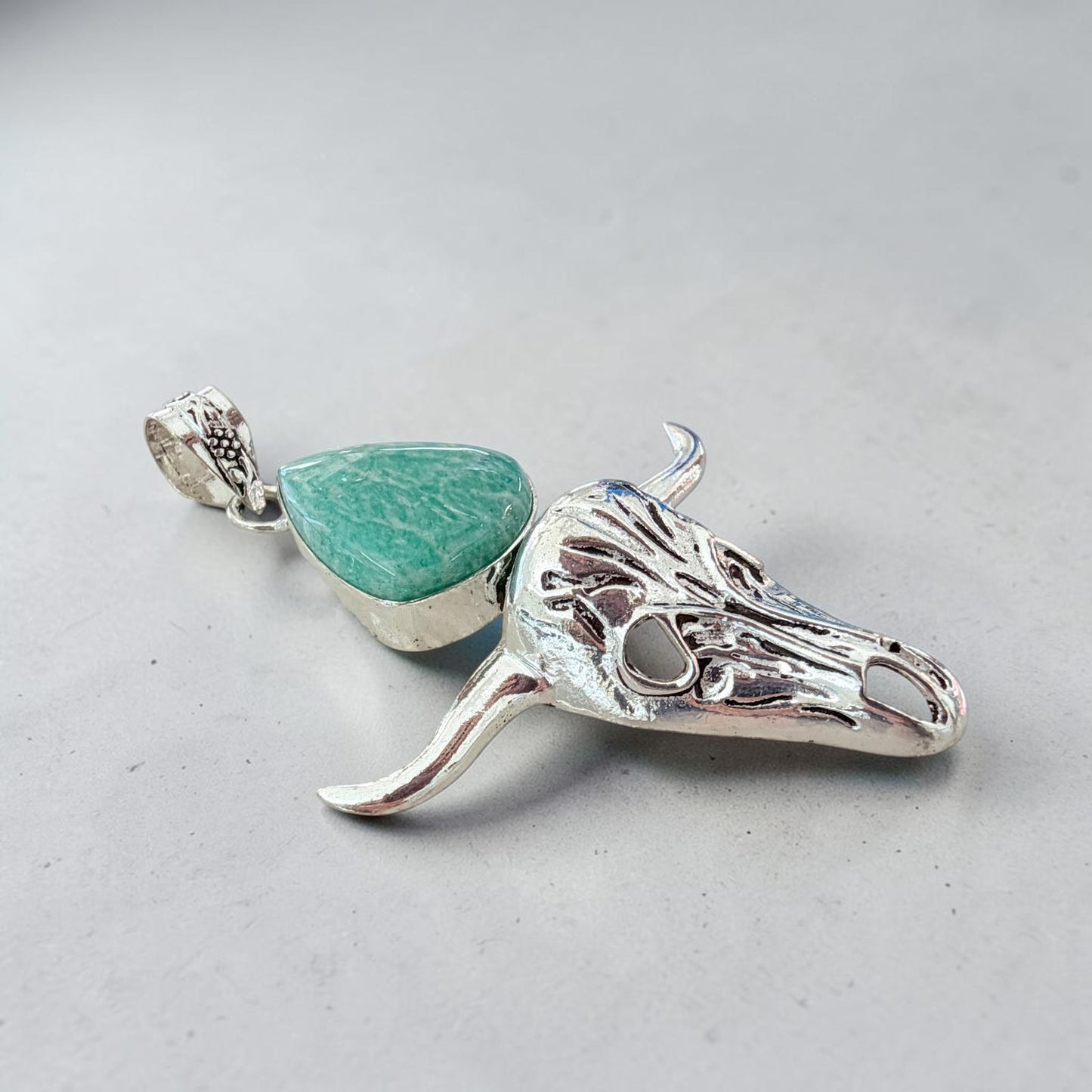 Amazonite Bull Skull Pendant 925 Plated Longhorn Western
