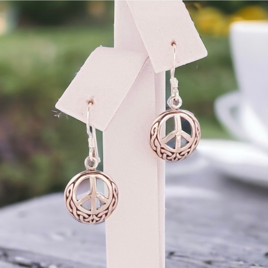 Peace Sign Celtic Sterling Silver Drop Earrings