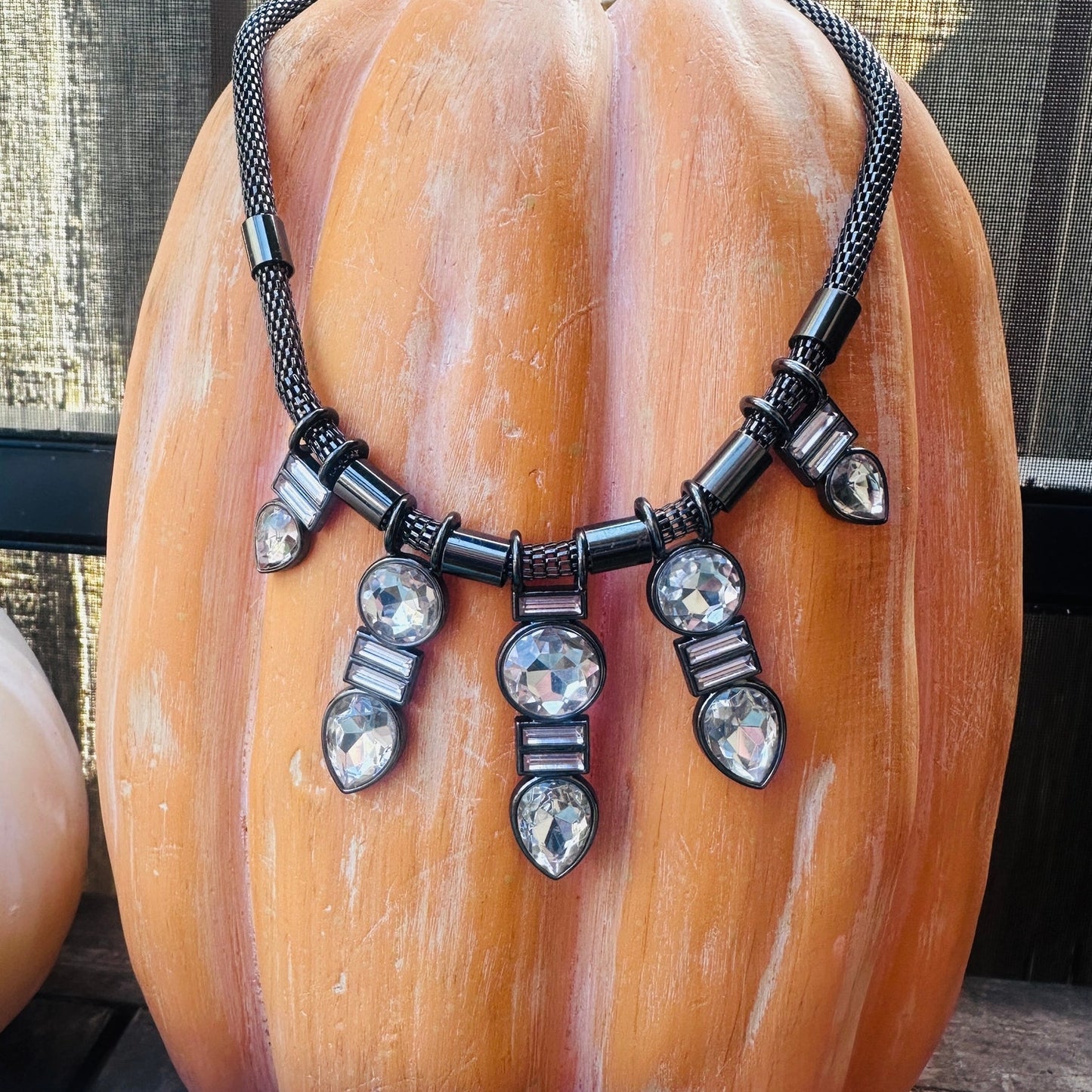 Baublebar Gunmetal Mesh Statement Necklace with Clear Rhinestones