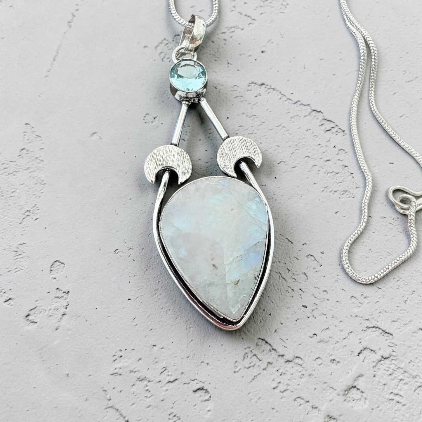 Rainbow Moonstone Crescent Moon Necklace 925 Plated, Celestial Pendant