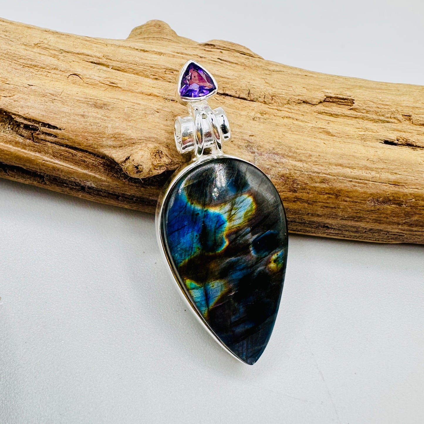Purple Labradorite & Amethyst Pendant – Madagascar Gemstone, 925 Sterling Silver