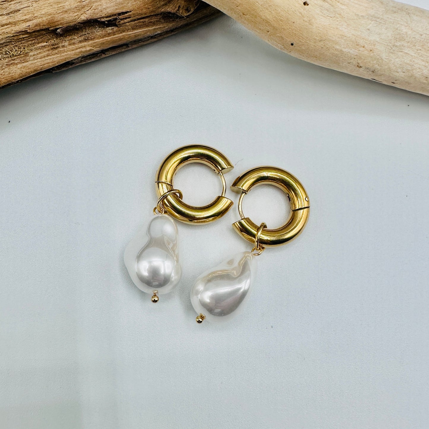 Baroque Pearl Gold Hoop Huggie Earrings 18K Stainless Steel