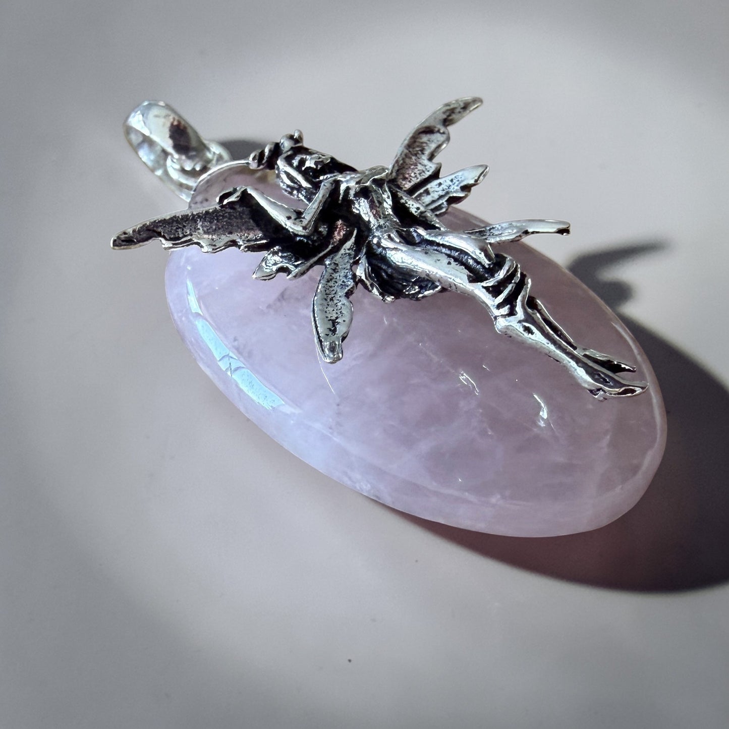 Fairy Rose Quartz Pendant Sterling Silver Overlay 2"