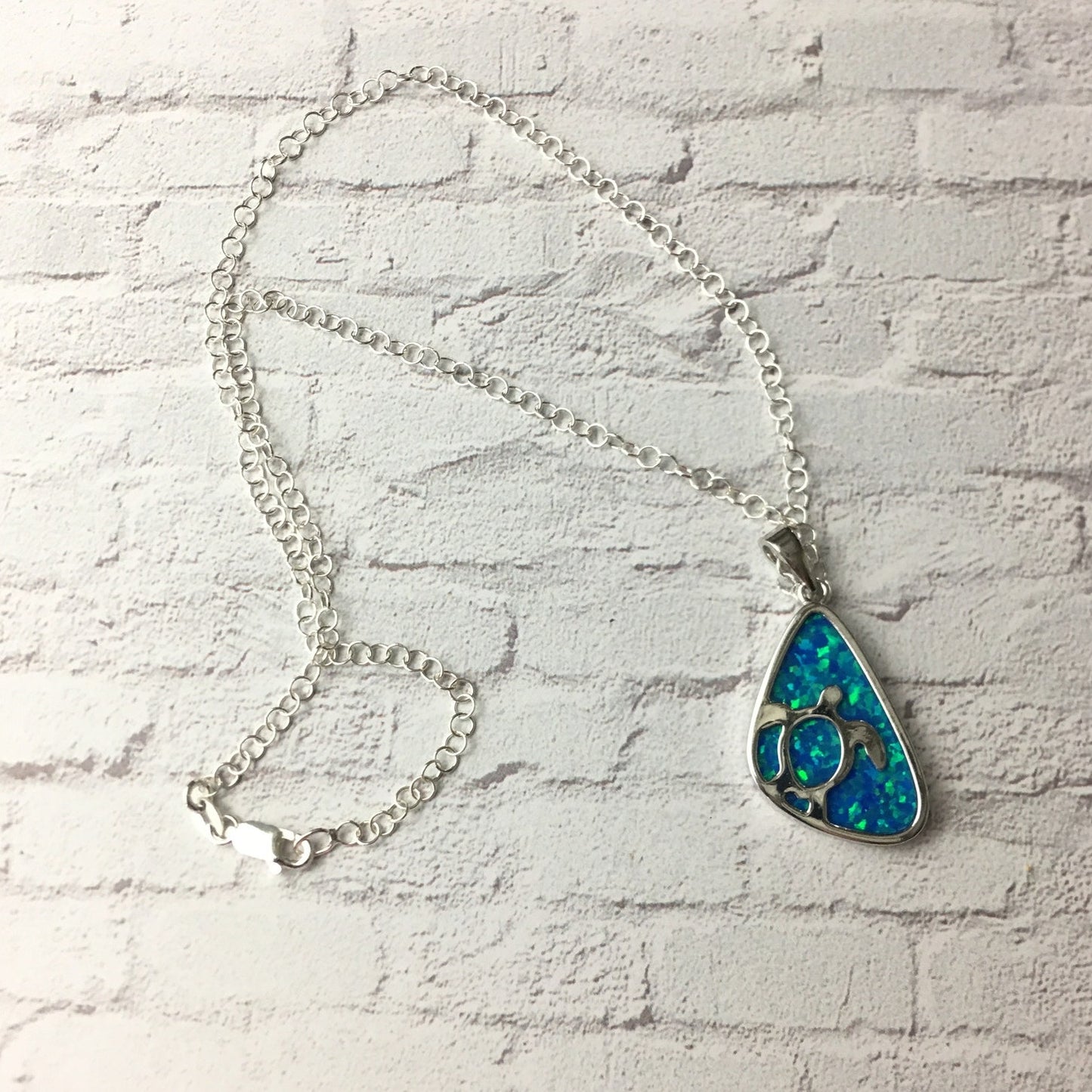Sterling Silver Lab opal Turtle Necklace
