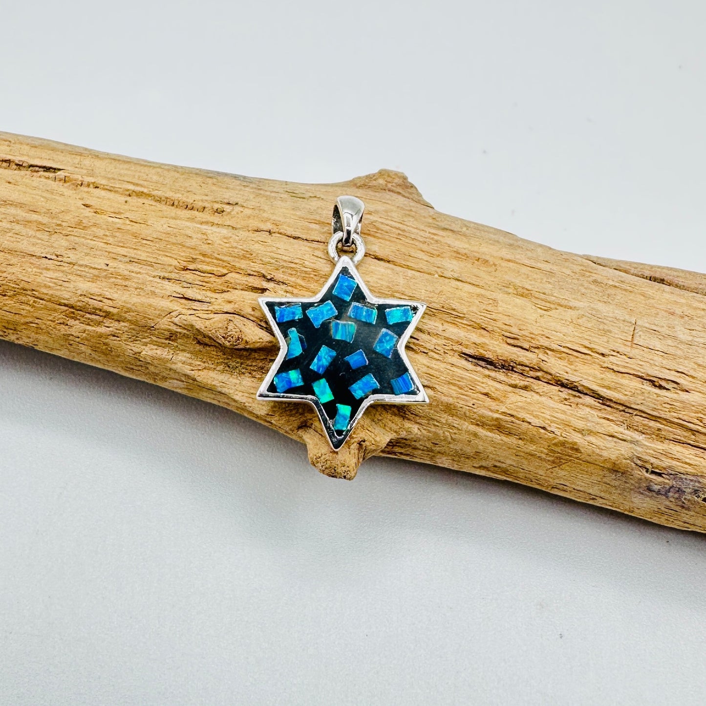 Sterling Silver Mosaic Lab Opal Star of David Pendant, Jewish Star