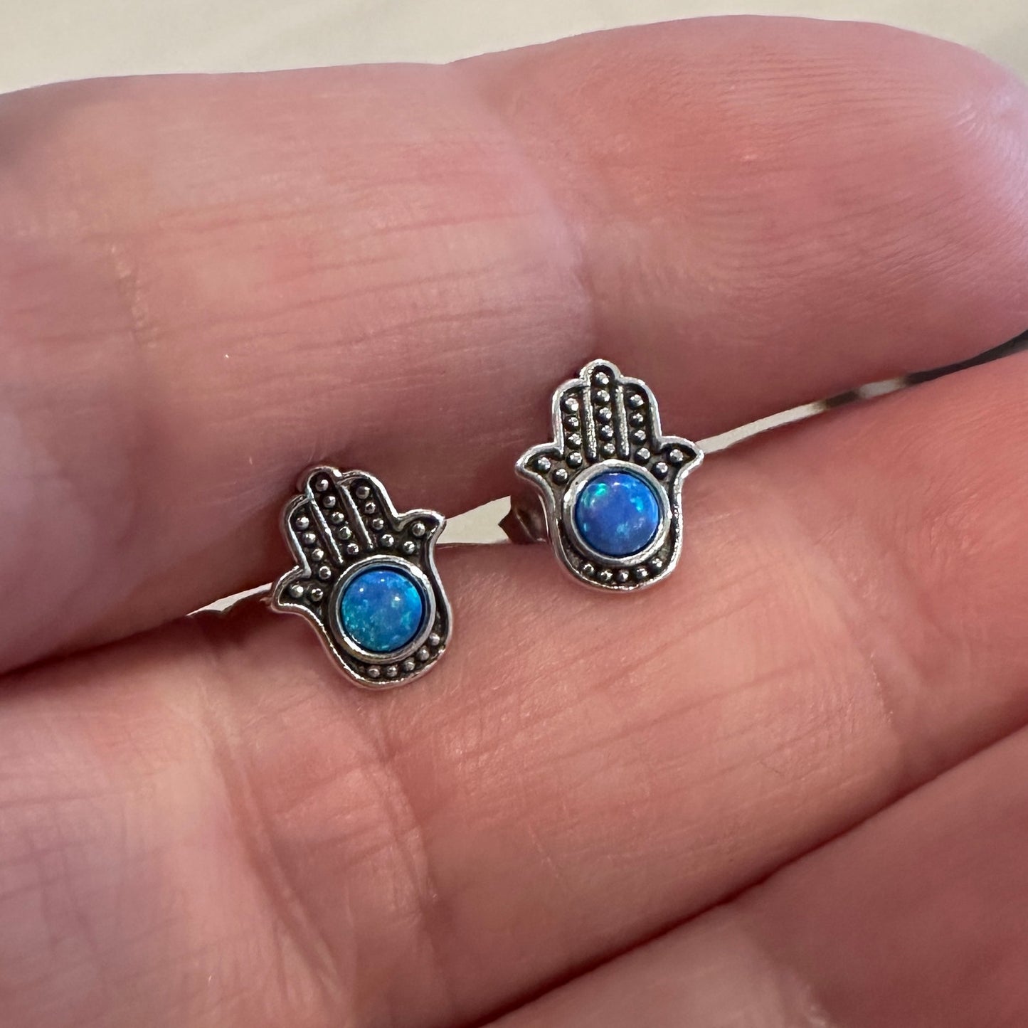 Blue Lab Opal Sterling Silver Hamsa Earrings