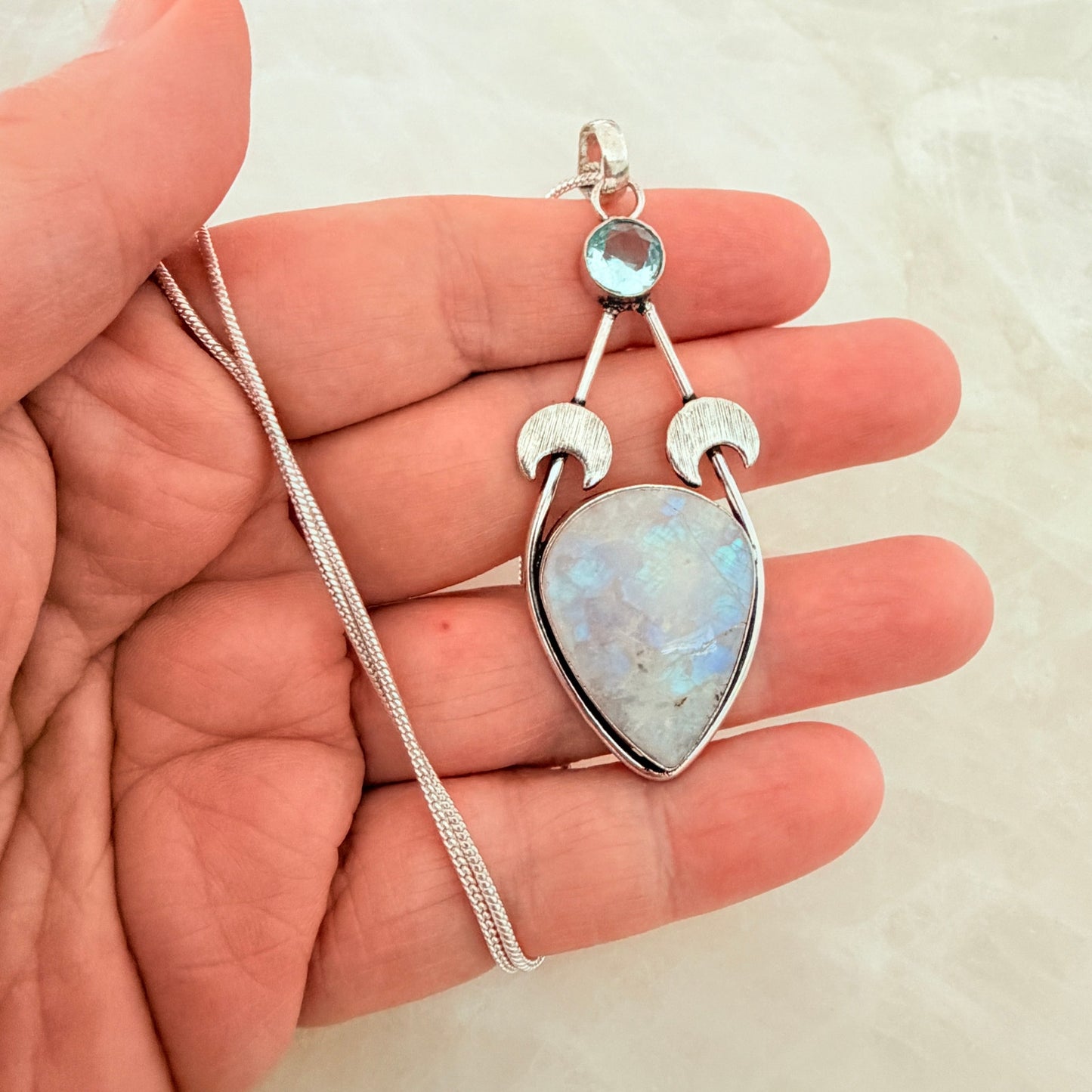 Rainbow Moonstone Crescent Moon Necklace 925 Plated, Celestial Pendant