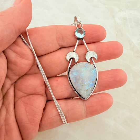 Rainbow Moonstone Crescent Moon Necklace 925 Plated, Celestial Pendant