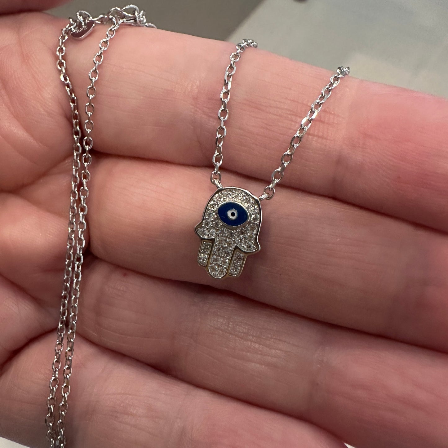 Sterling Silver Hamsa CZ Necklace with Evil Eye, Minimalist, Protection