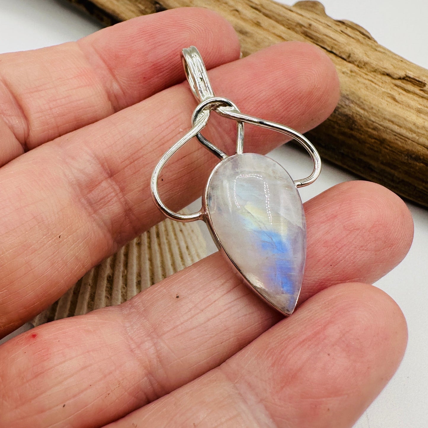 Natural Moonstone Sterling Silver Boho Pendant – 925 Stamped Teardrop Gemstone Jewelry