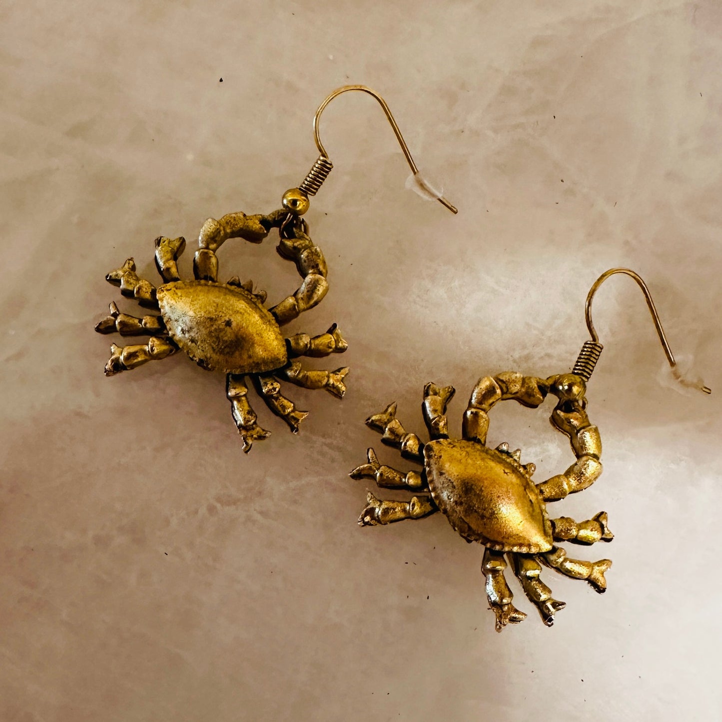 Brushed Gold Tone Crab Earrings-Coastal Nautical Beach Jewelry