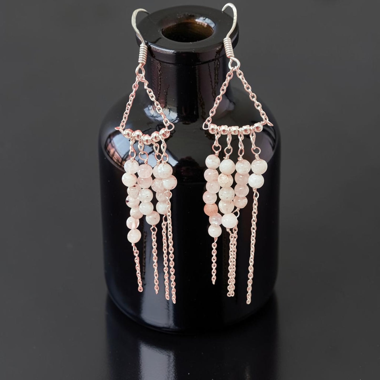 Long Beaded Rainbow Moonstone Dangle Earrings Sterling Silver Plated