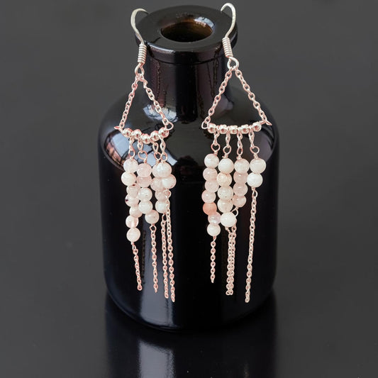 Long Beaded Rainbow Moonstone Dangle Earrings Sterling Silver Plated