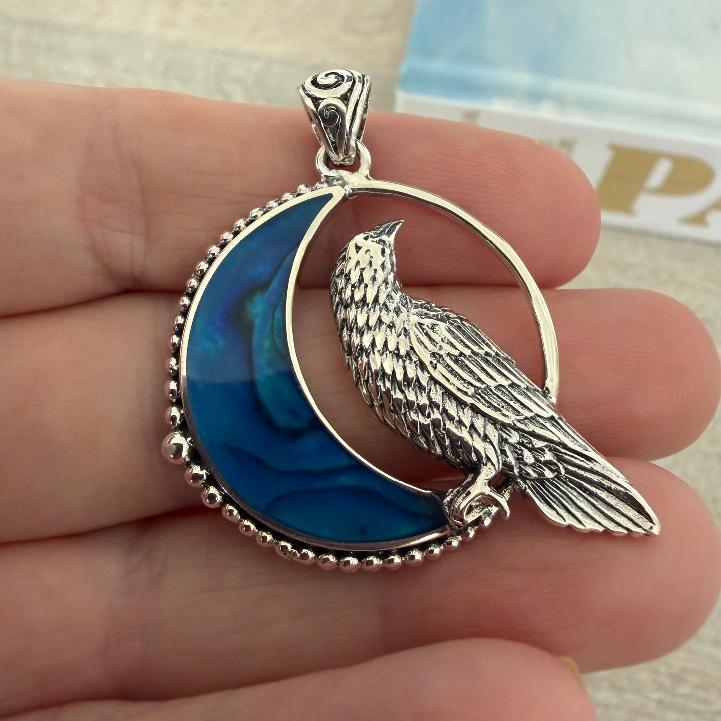 Raven in Crescent Moon Pendant 925 Sterling Silver Blue Shell Inlay