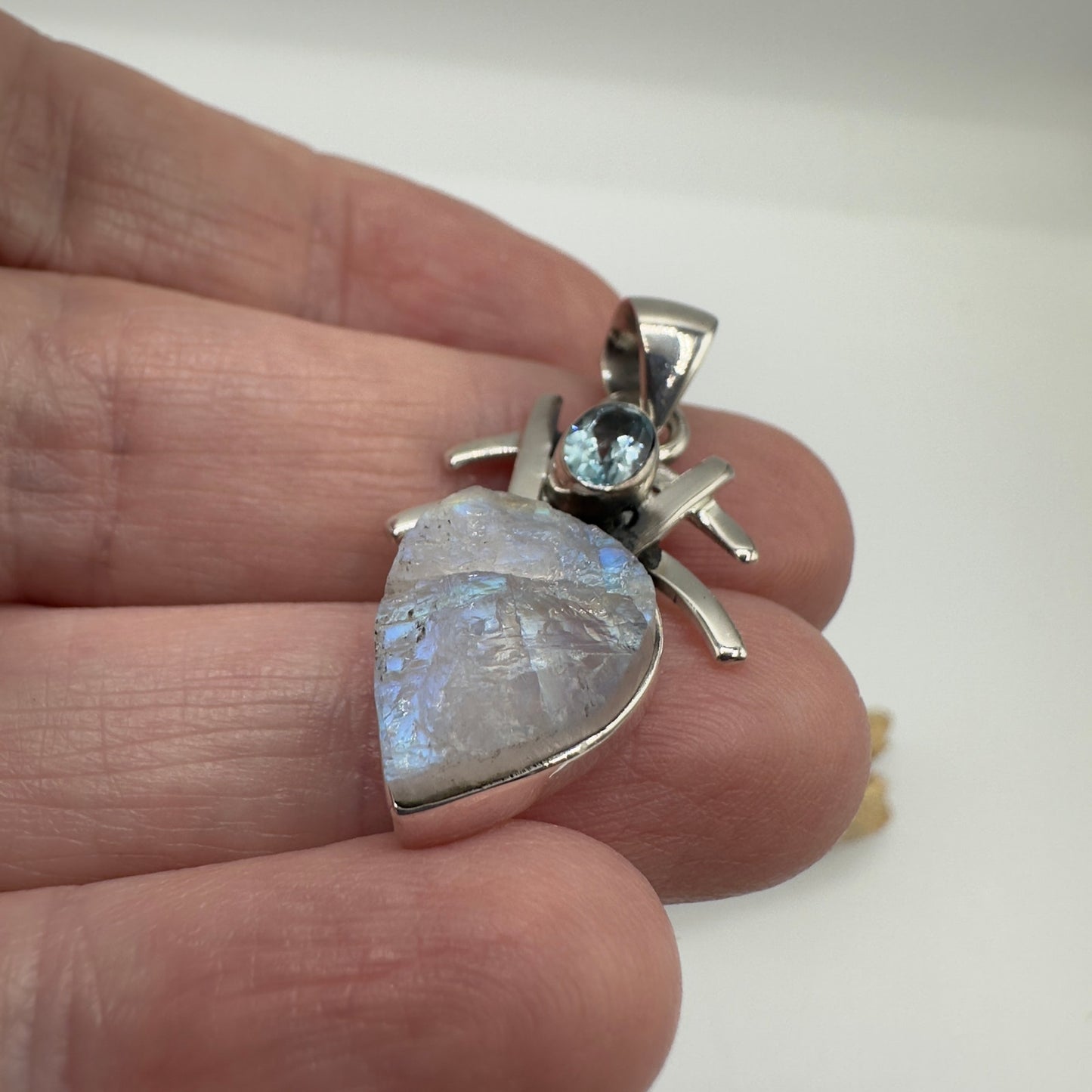 Sterling Silver Natural Rainbow Moonstone Rough & Blue Topaz Pendant
