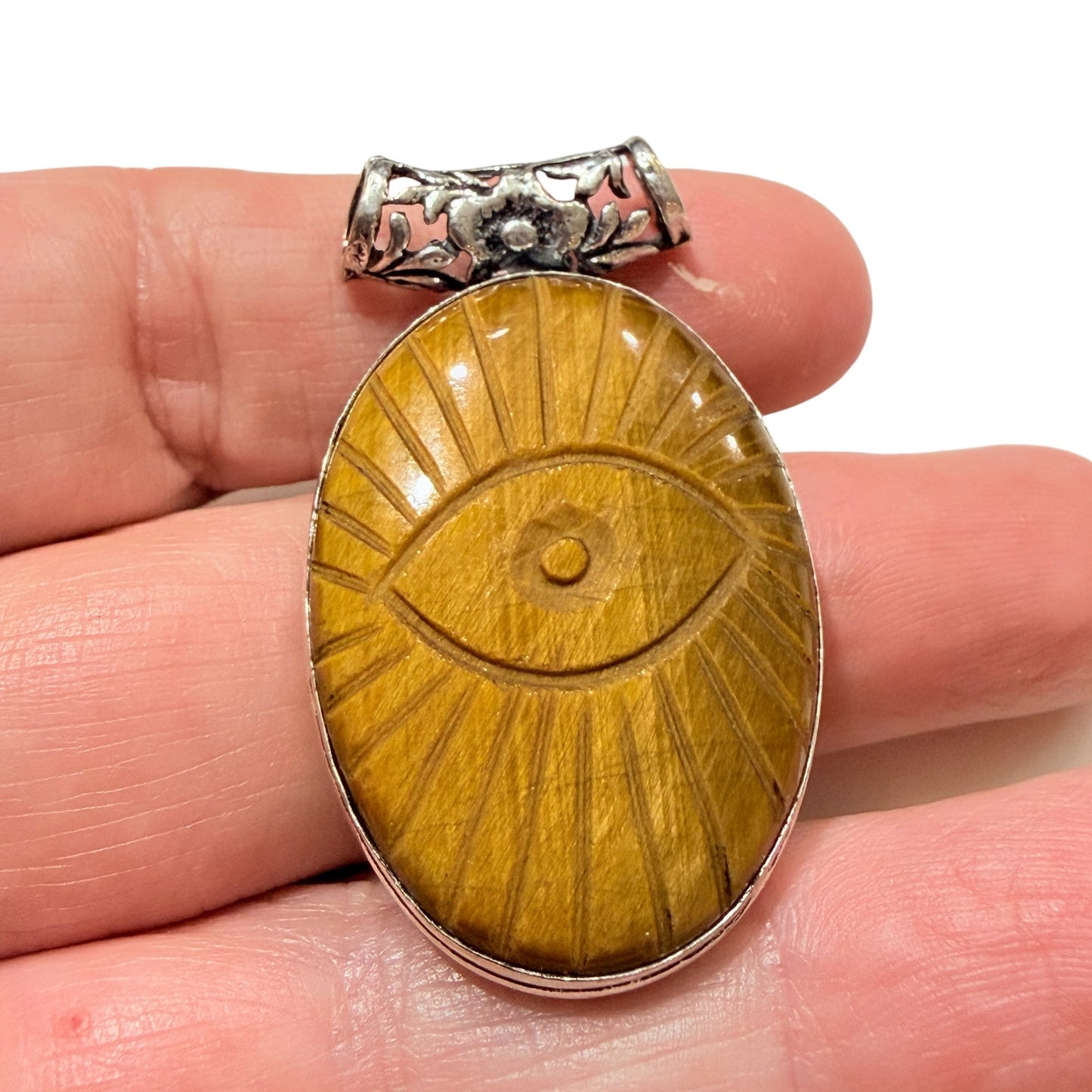 Tiger Eye Evil Eye Pendant Sterling Silver Plated Carved Stone