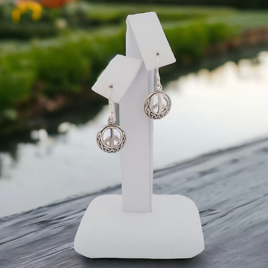 Peace Sign Celtic Sterling Silver Drop Earrings