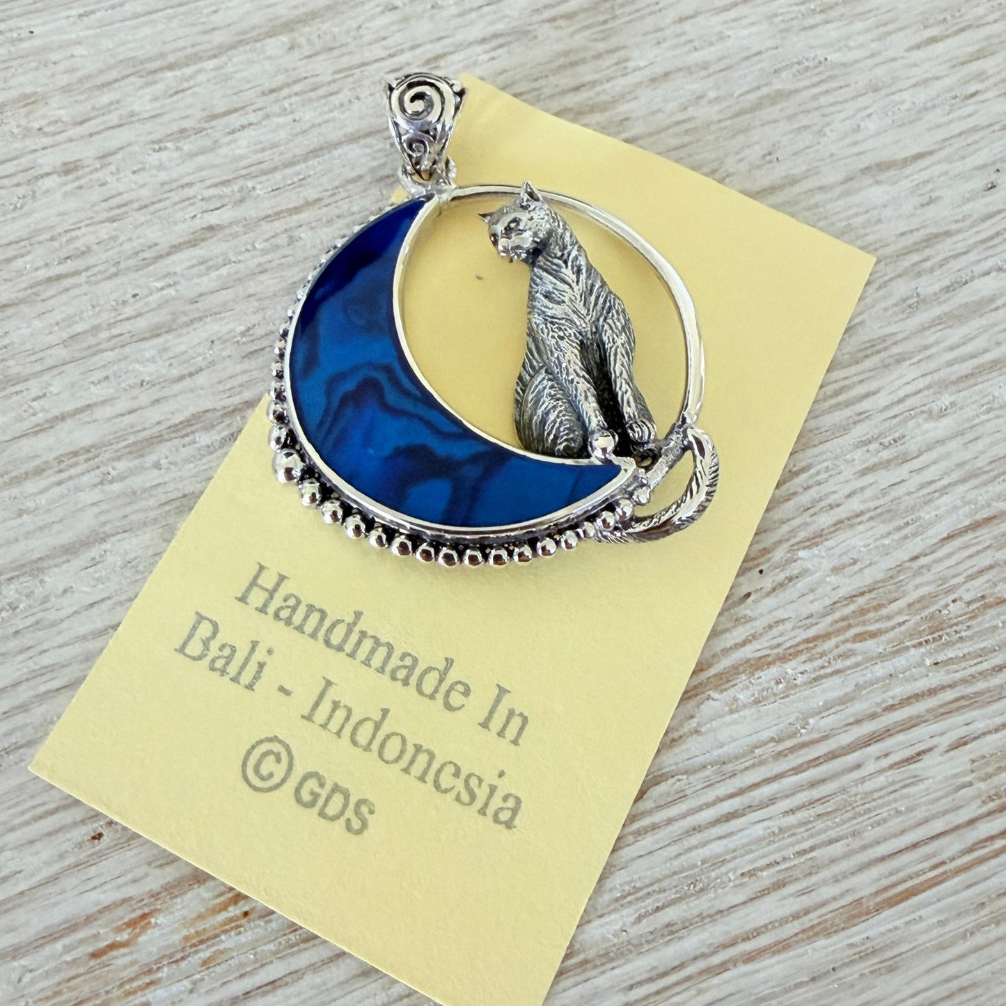 Cat in Crescent Moon Pendant 925 Sterling Silver Blue Shell Inlay