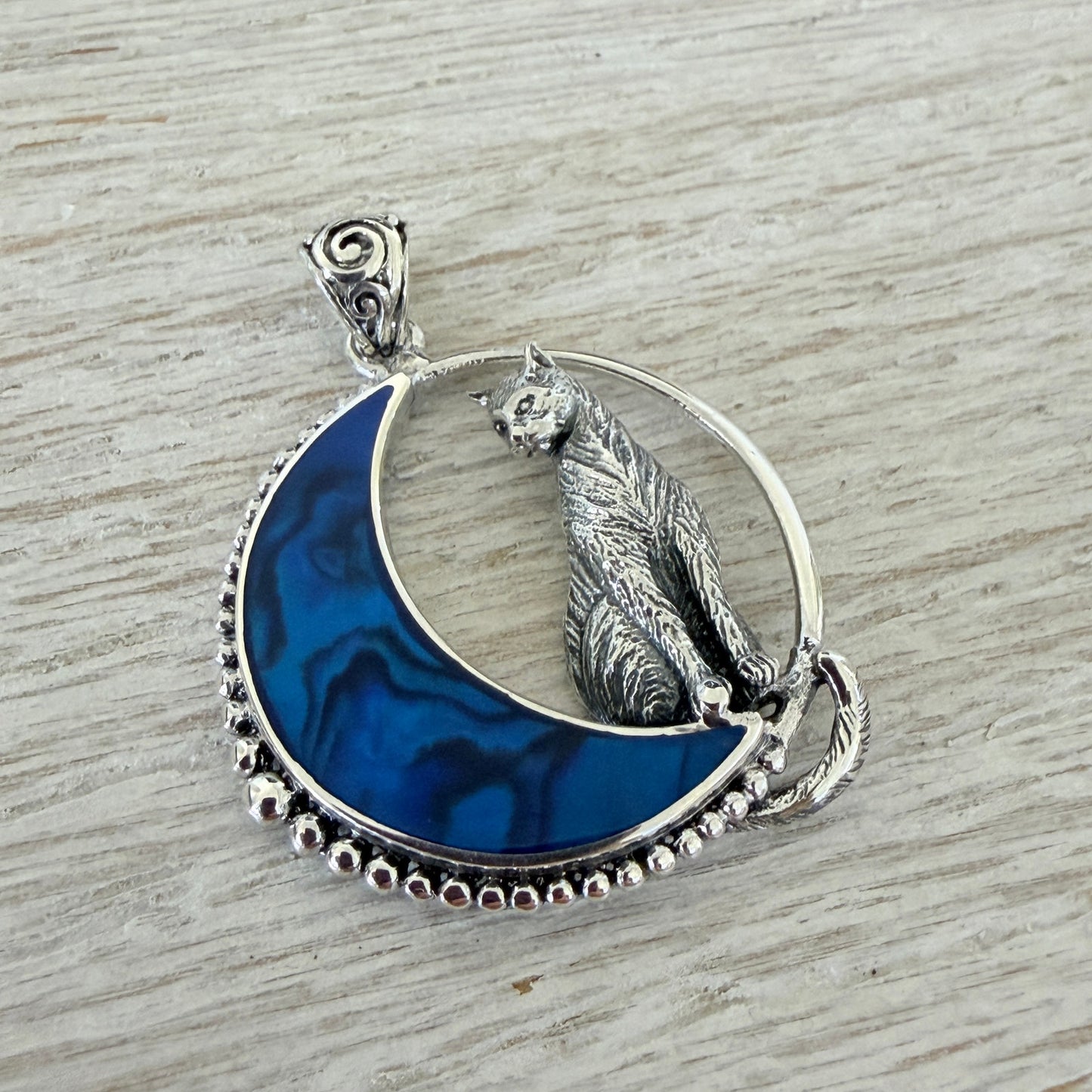 Cat in Crescent Moon Pendant 925 Sterling Silver Blue Shell Inlay