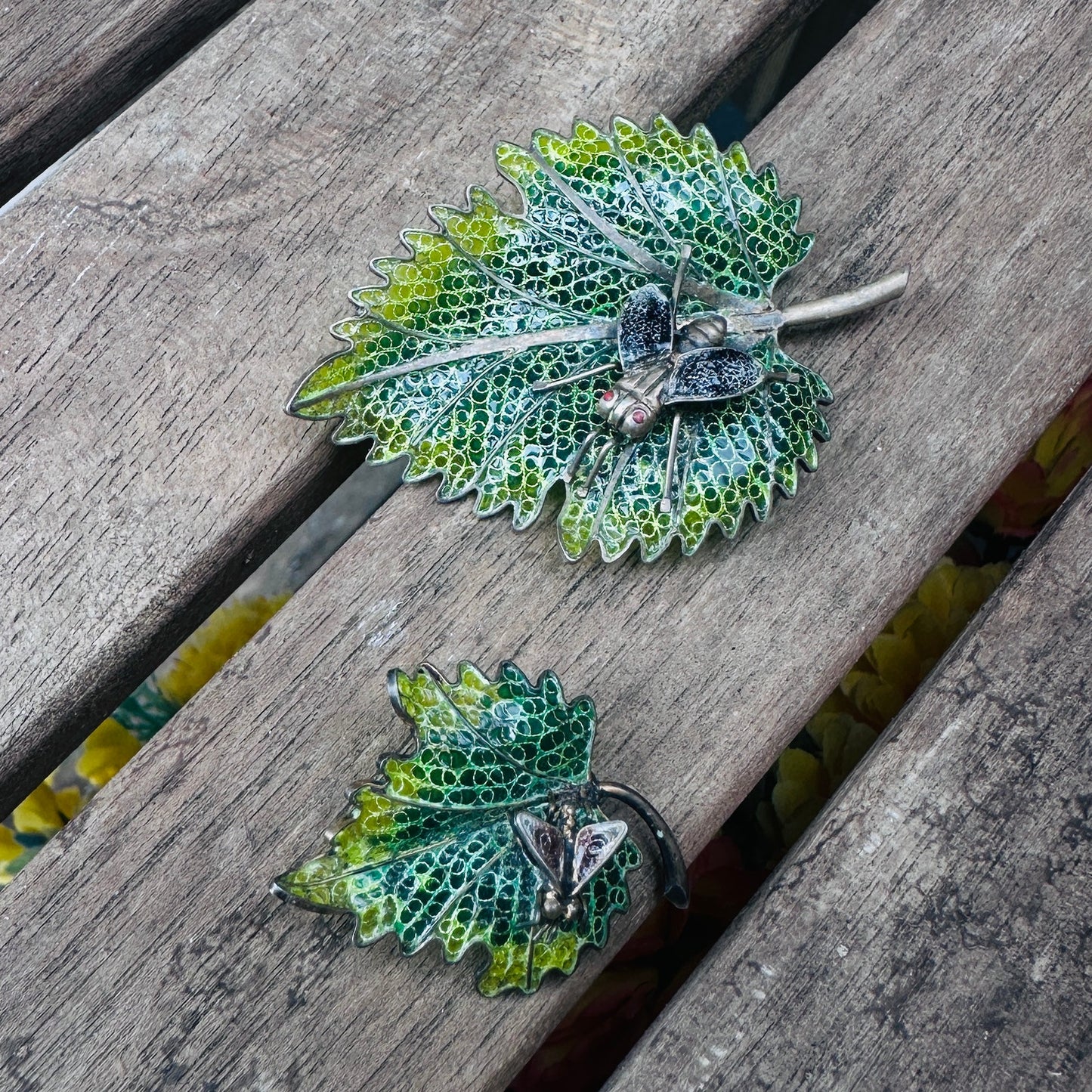 Vintage Plique a Jour Enamel 800 Silver Leaf Bug Brooch Large