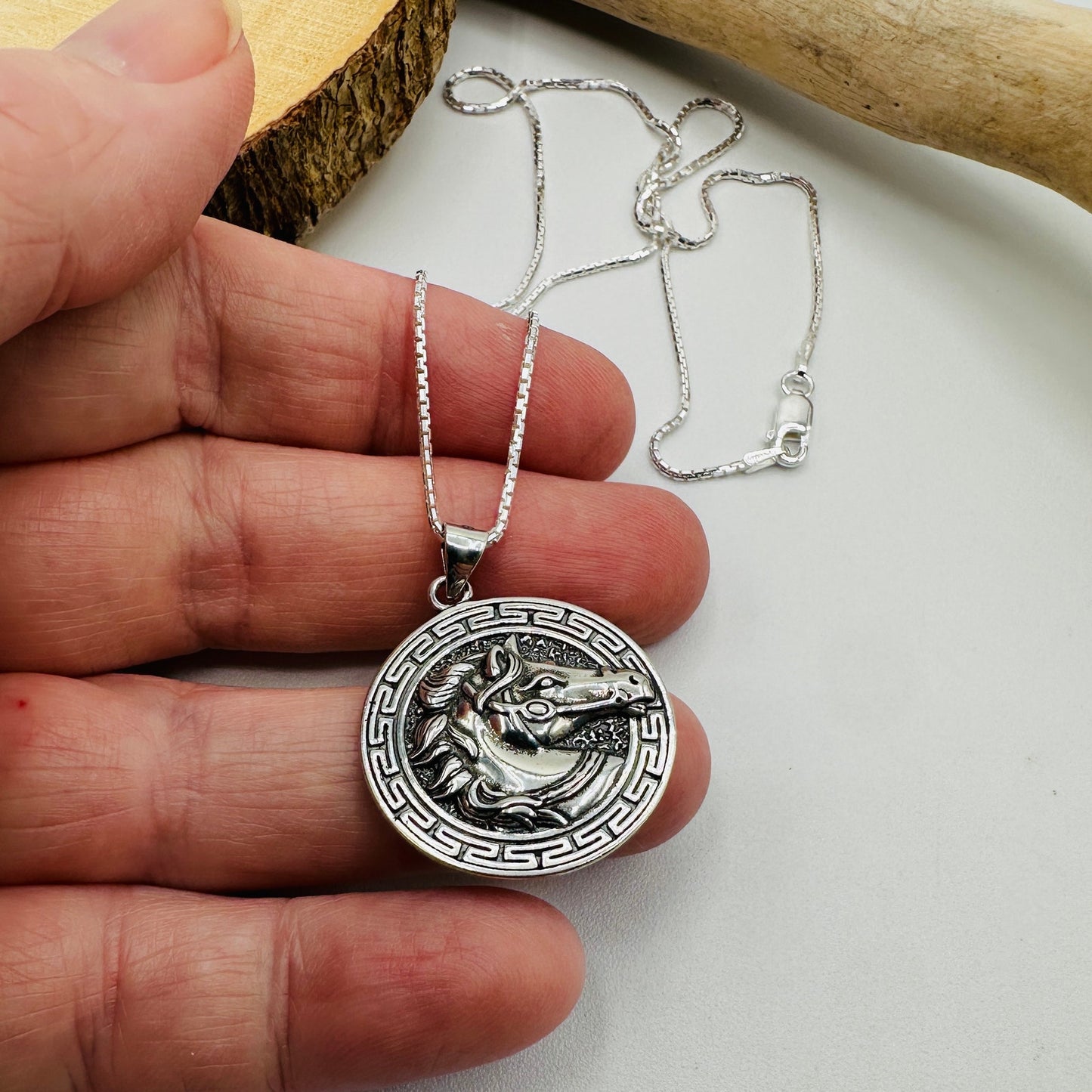 Sterling Silver Horse Medallion Necklace-925 Rounded Box Chain