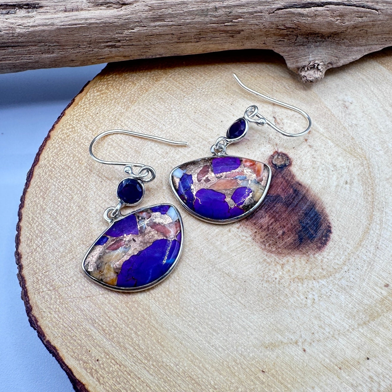 New Oyster Purple Turquoise & Amethyst 925 Silver Earring