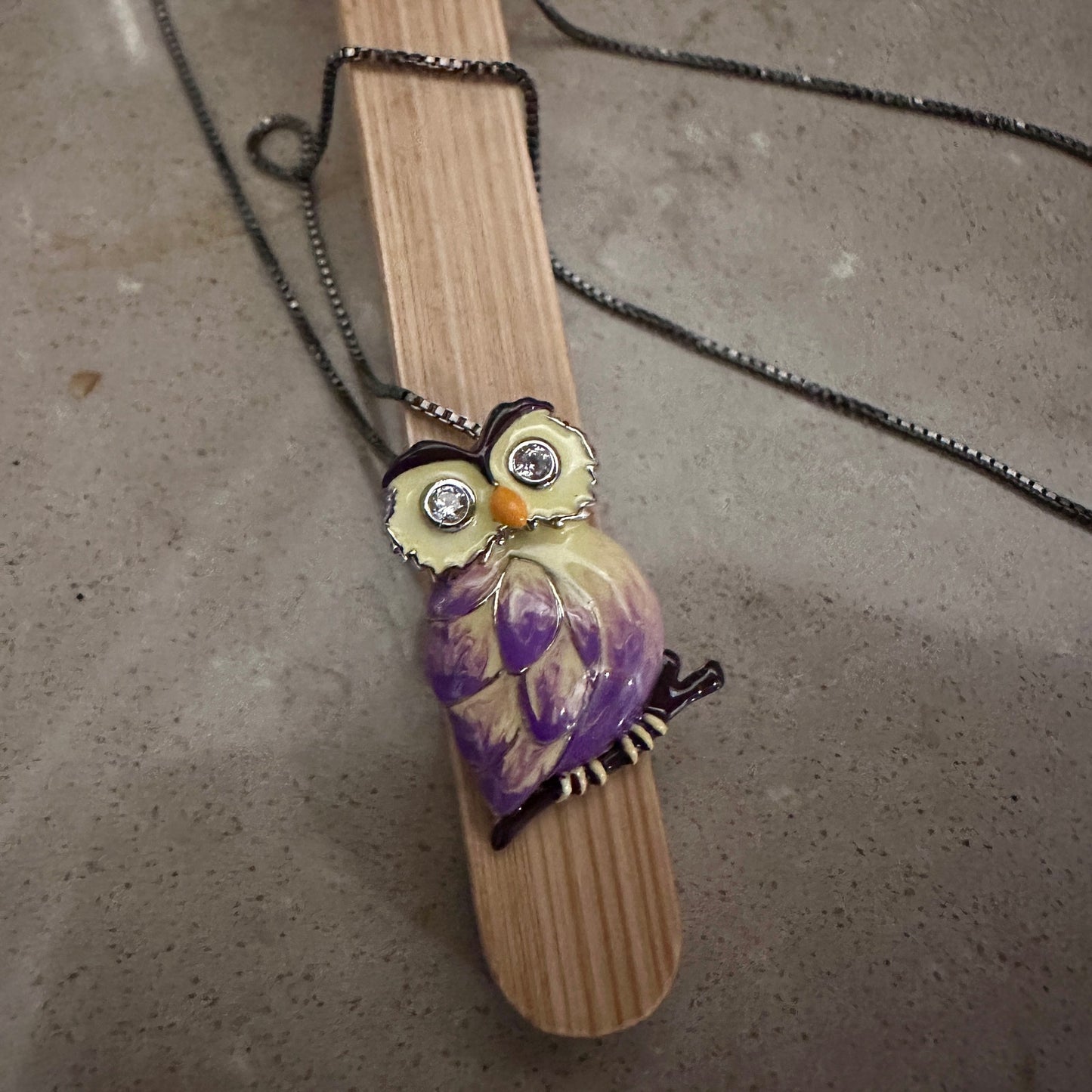 Sterling Silver Hand-Painted Modish Owl with Clear CZ Pendant Necklace
