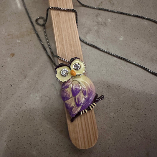 Sterling Silver Hand-Painted Modish Owl with Clear CZ Pendant Necklace