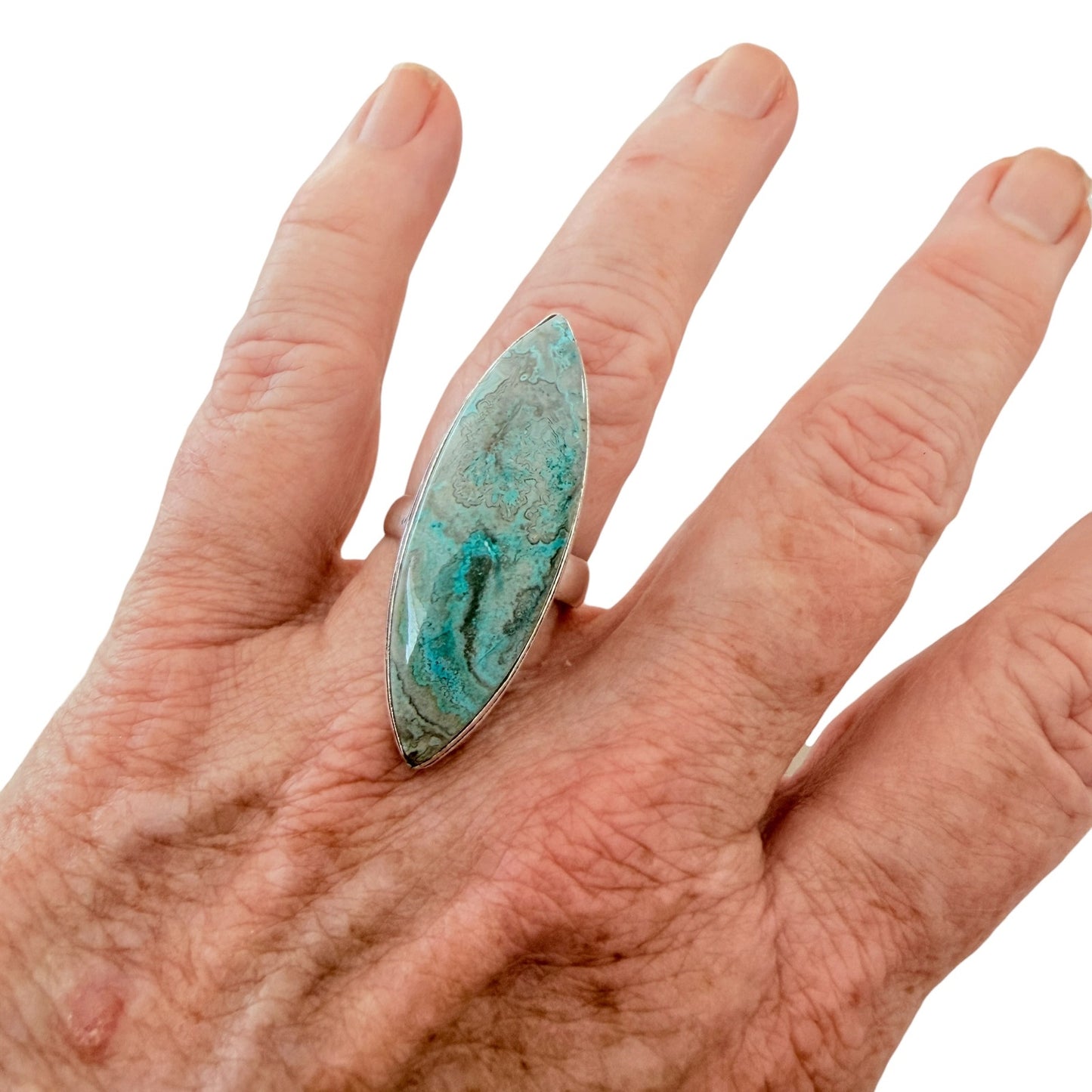 Mexican Laguna Blue Stone Ring 925 Silver Plated Statement  Size 9.5