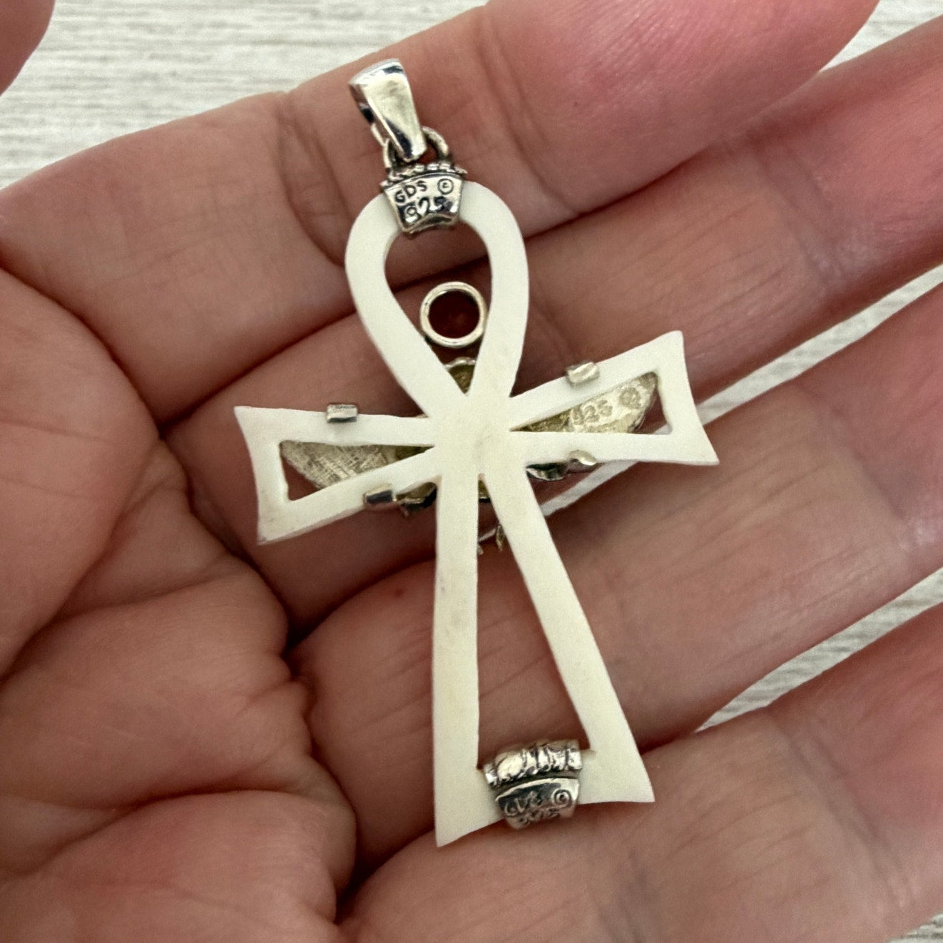 Sterling Silver Hand Carved Bane Ankh Scarab Pendant -Egyptian Symbol-Garnet