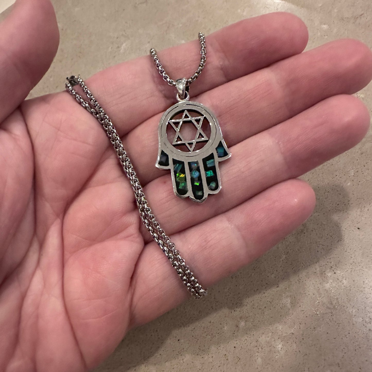 Sterling Silver Hamsa Pendant with Lab Opal & Star of David