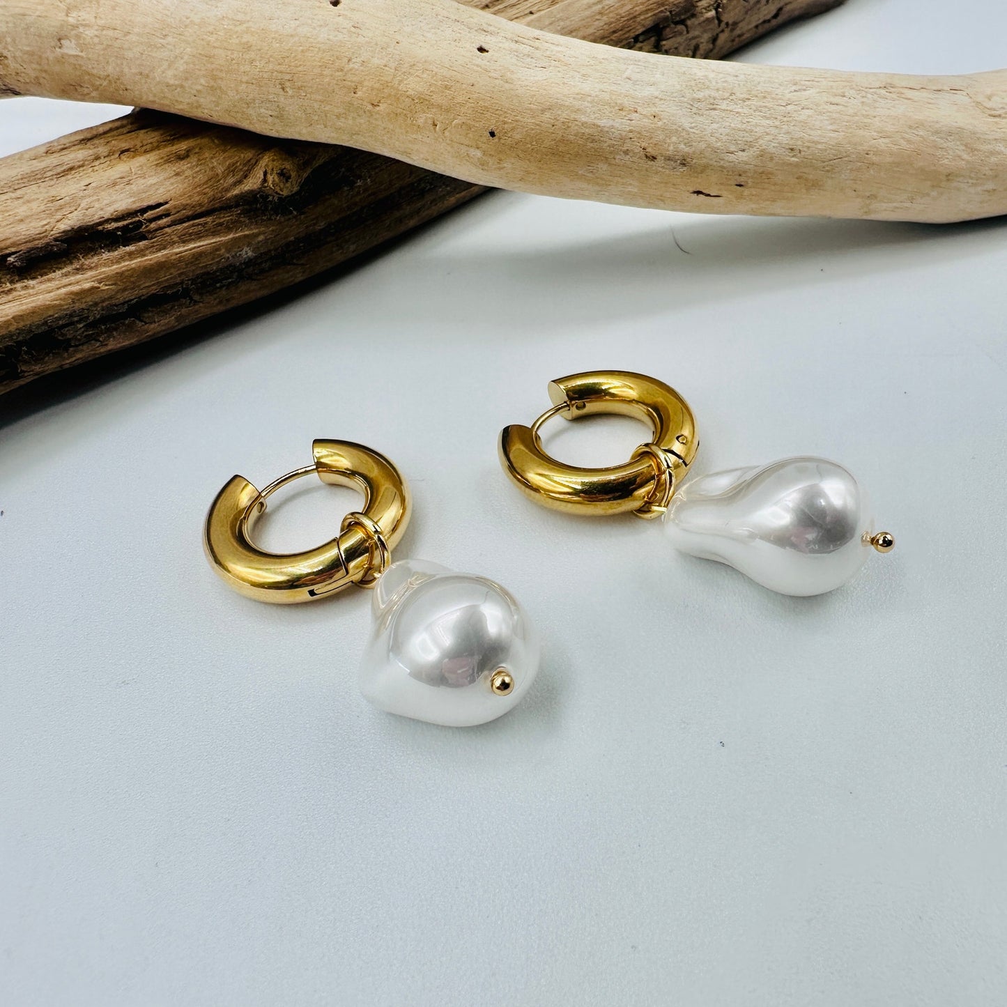 Baroque Pearl Gold Hoop Huggie Earrings 18K Stainless Steel