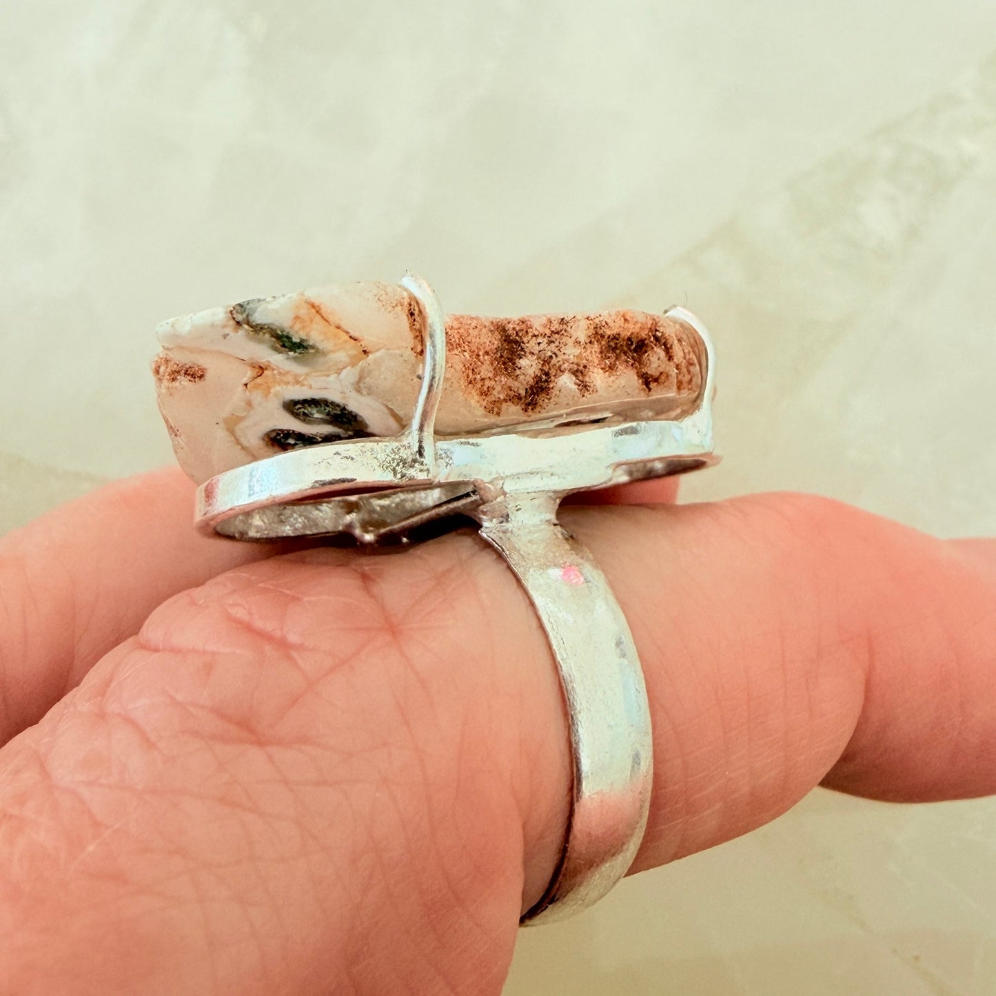 Tree Agate Solar Slice Ring 925 Silver Overlay Statement Ring