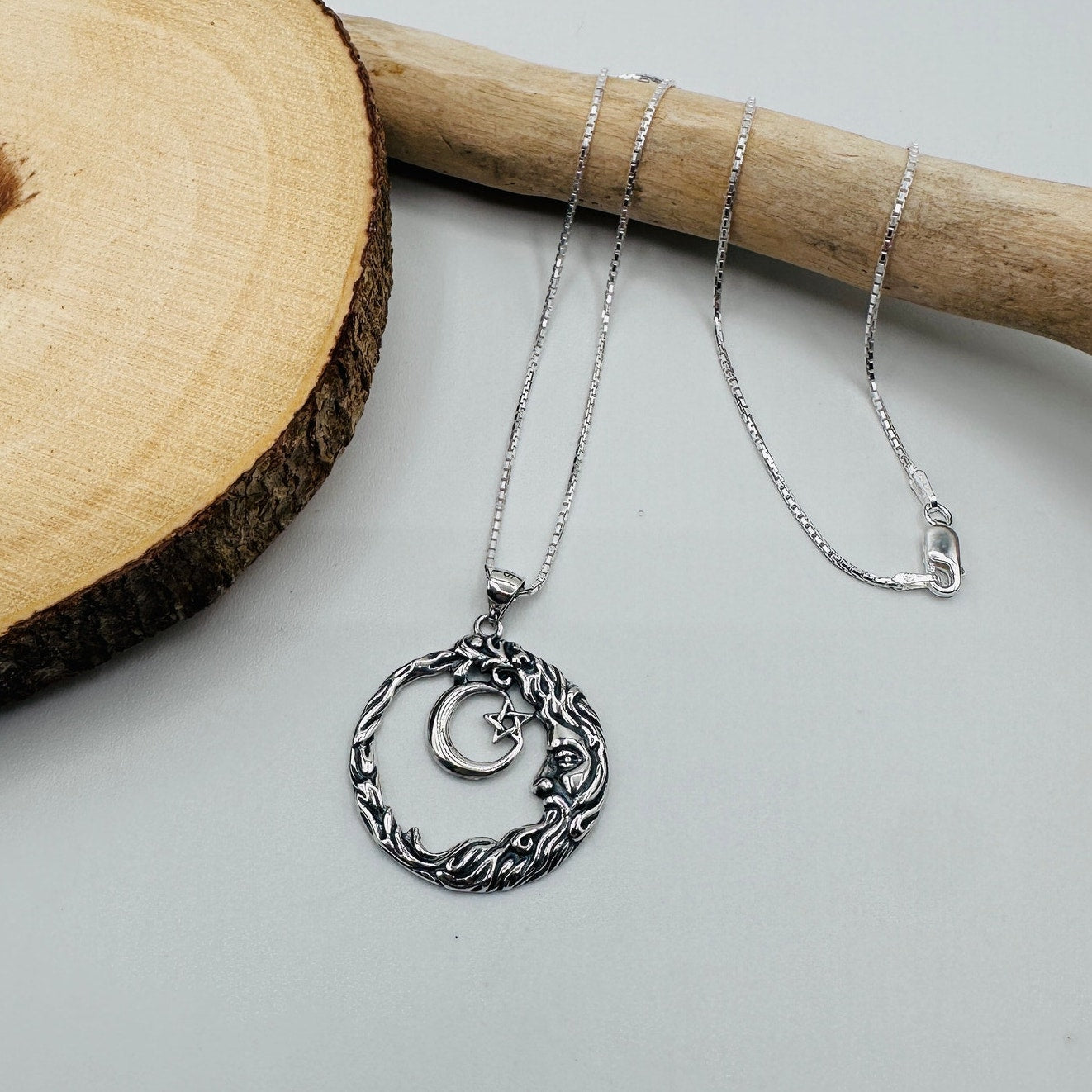 Sterling Silver Moon Goddess Necklace-Crescent Moon & Star Pendant