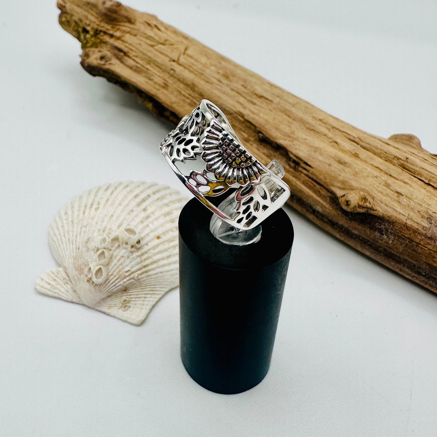 Sterling Silver Sunflower Band Ring, Boho Ring