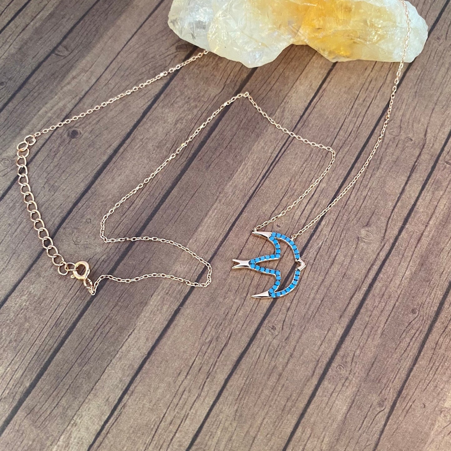 Dove Nano Turquoise 14k Rose Gold Sterling Silver Minimalist Necklace