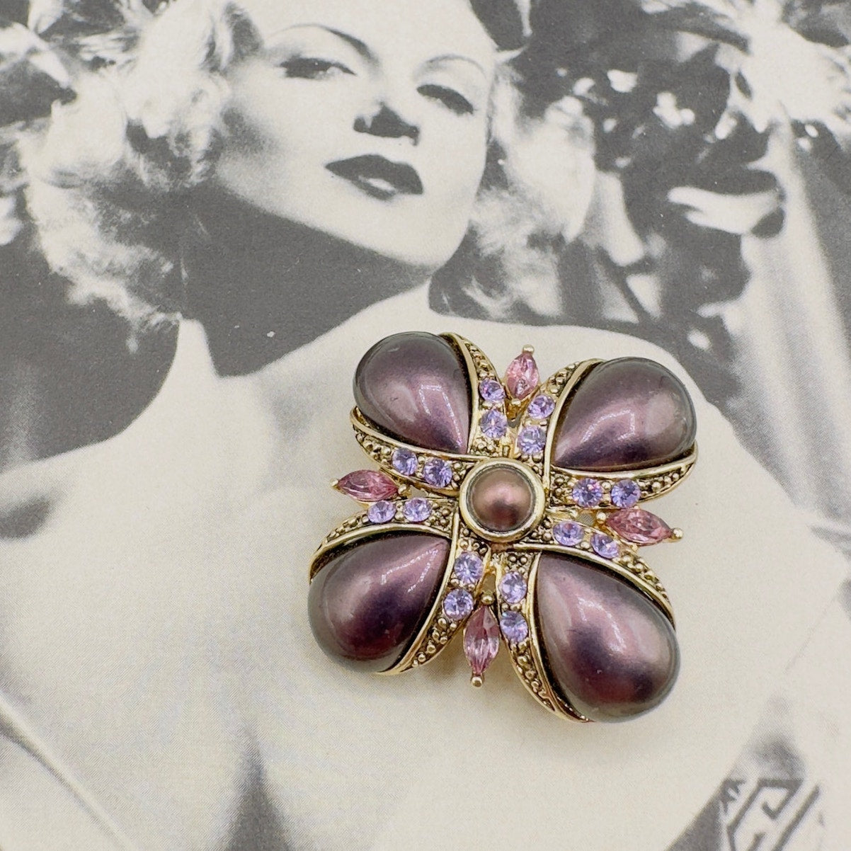 Vintage Signed Monet Maltese Cross Brooch-Gold Tone with Purple Faux Pearls & Rhinestones