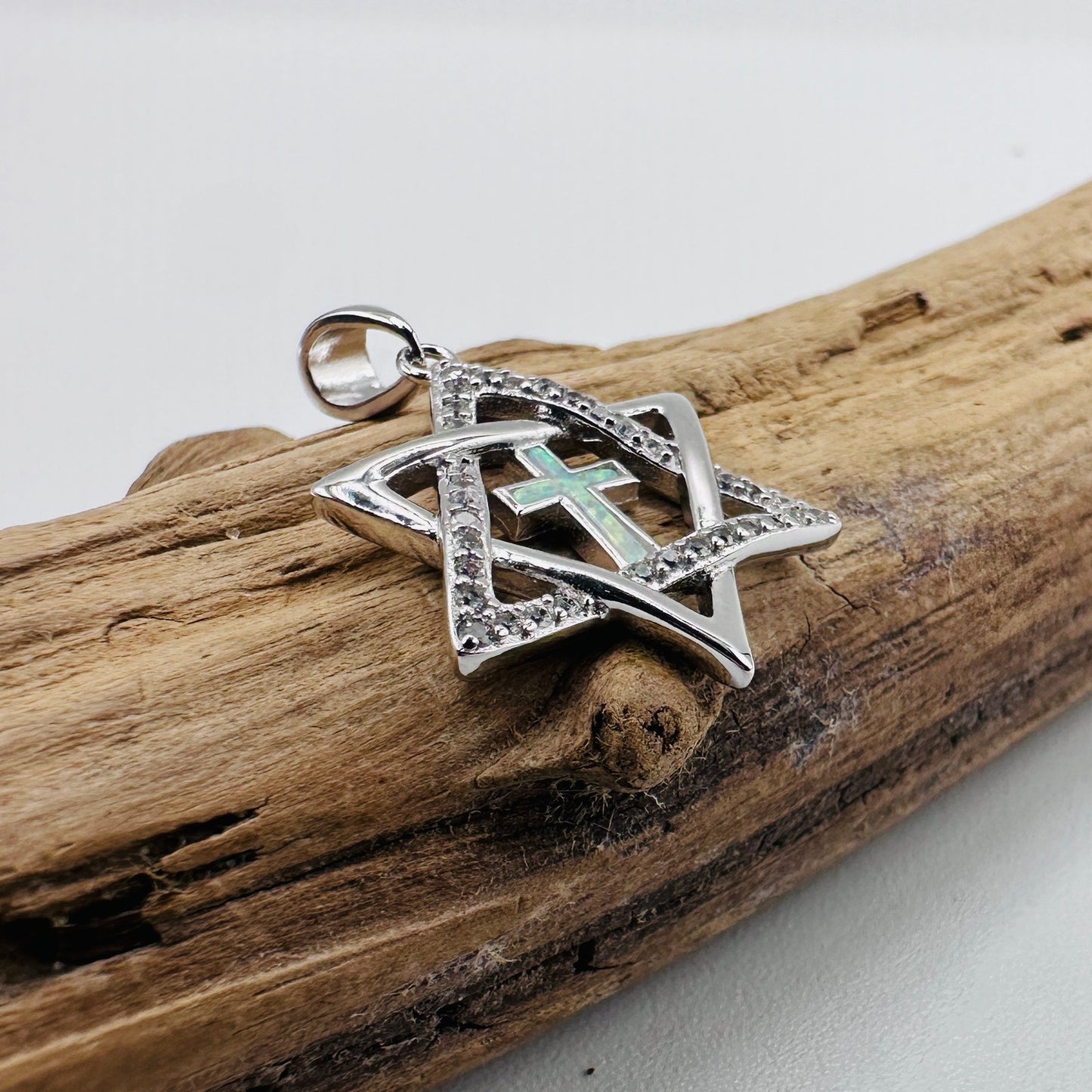 Sterling Silver Star of David Lab Opal Cross CZ Pendant