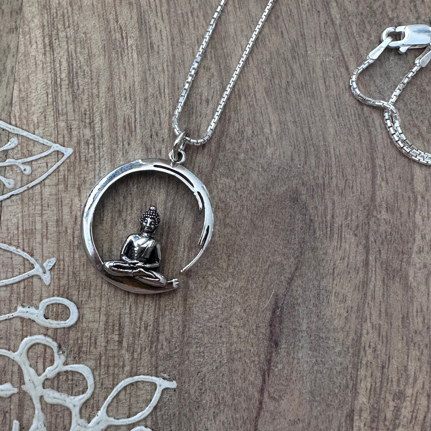 Sterling Silver Buddha Necklace, Circle Pendant, Yoga Necklace